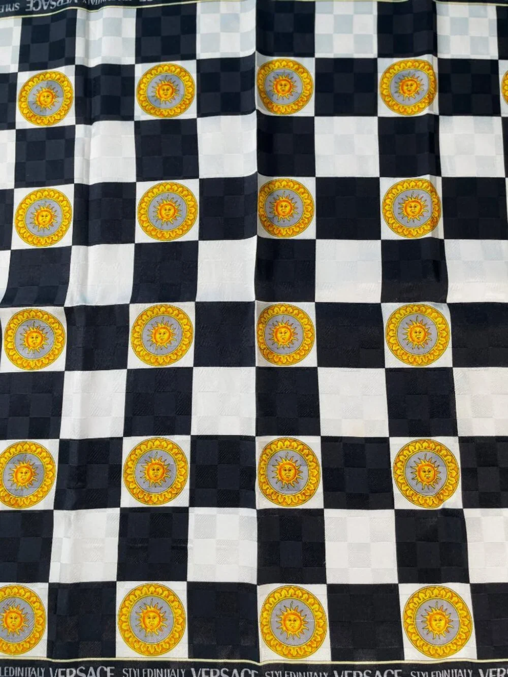 Versace Vintage Checkerboard Sun Print Scarf 53cm Black White Gold